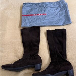 Prada Espresso Suede Heeled Boots